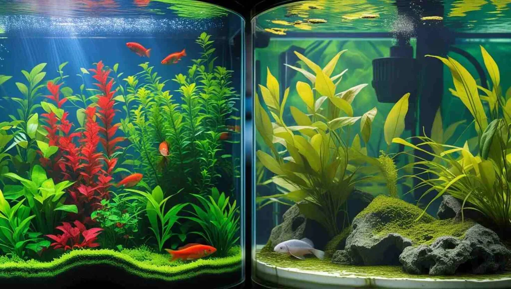 acquario senza alghe con piante vive e artificiali