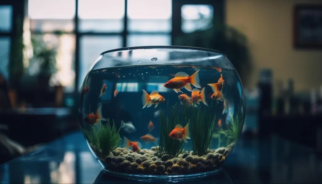 goldfish swimming in a glass fishbowl underwater