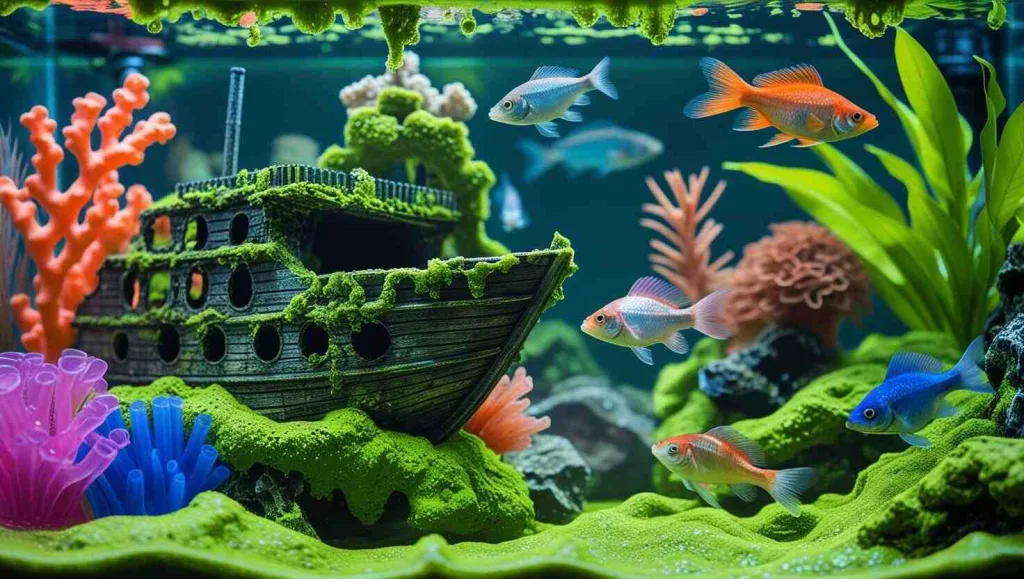 Ein Foto von mit Algen bedeckten Aquariendekorationen mit bunten Fischen, die herumschwimmen