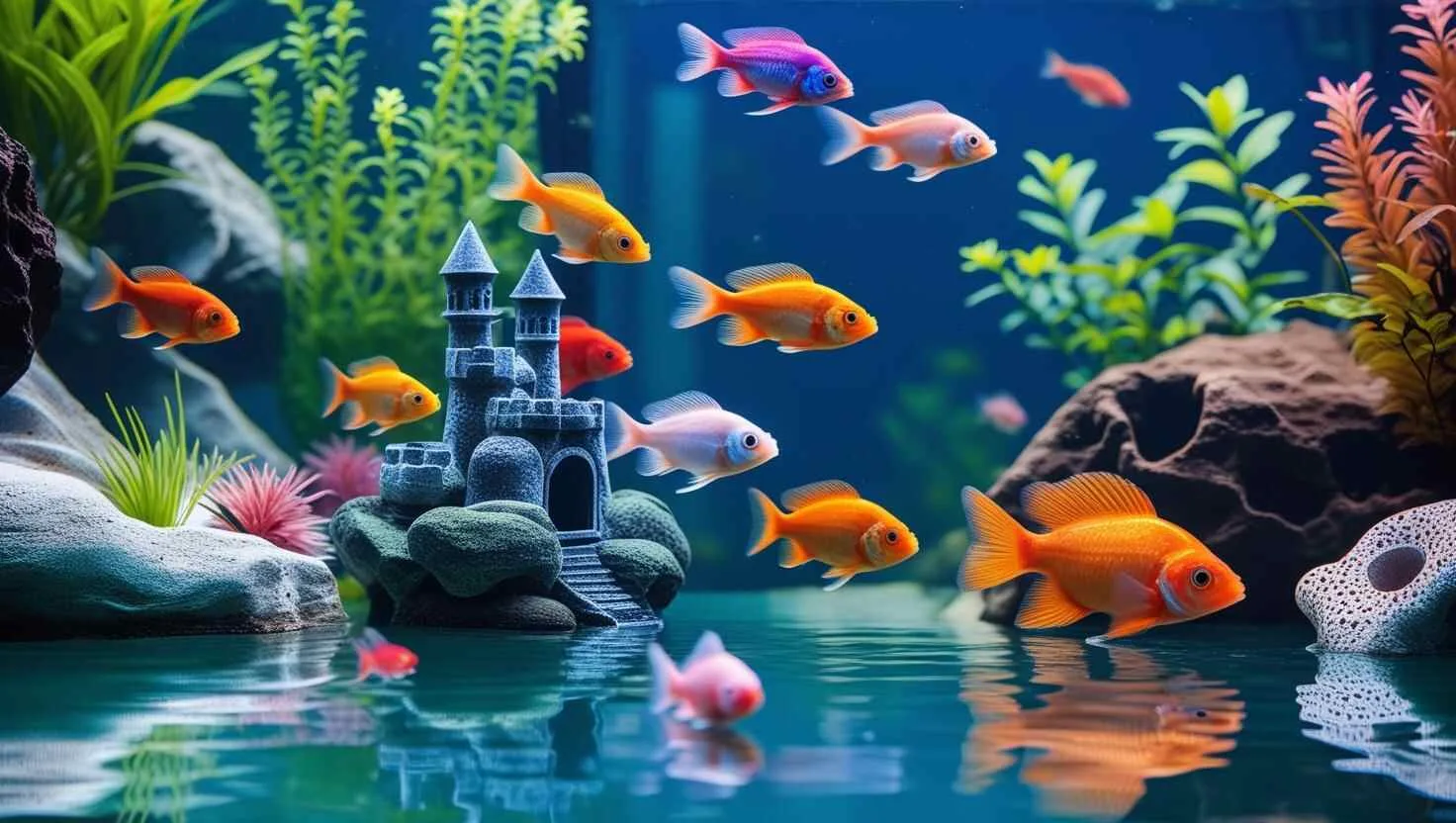 A photo of clean aquarium decorations with clear water and healthy fish