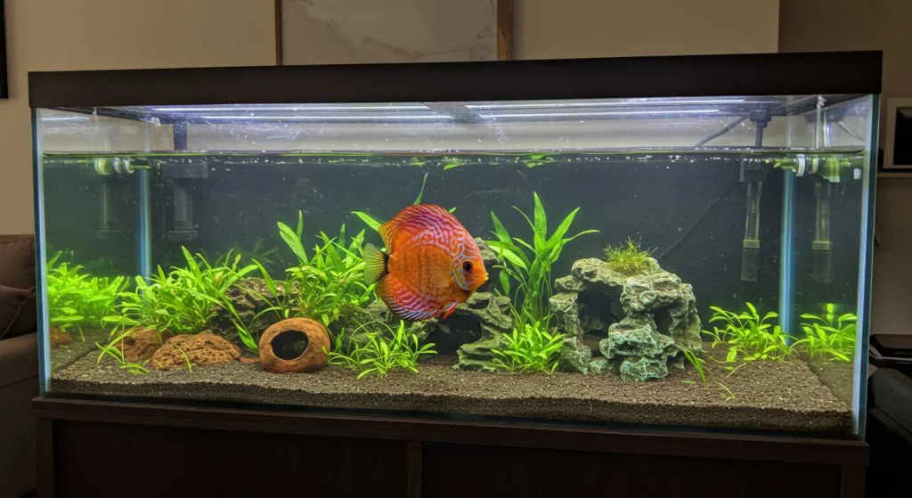 red fish swimming in the midst of aquarium decor