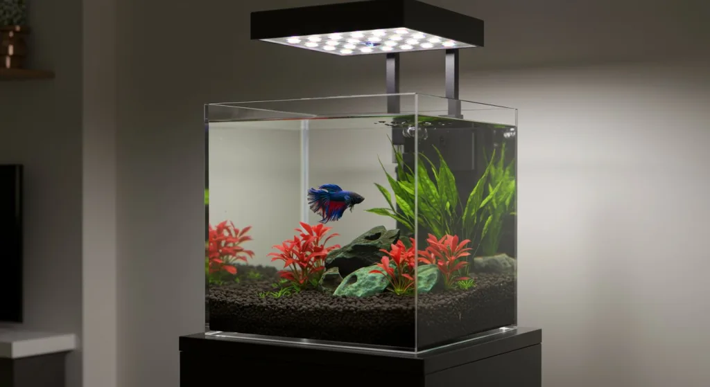 red plants near aquarium decor